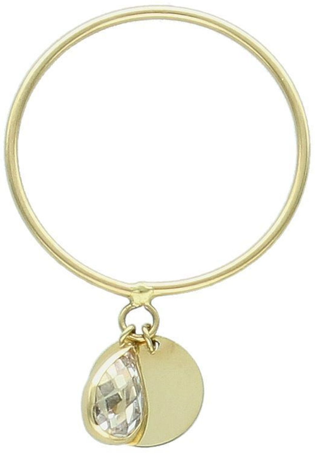 Delikatny złoty pierścionek damski próby 585 z wiszącą cyrkonią i okrągłą blaszką. Lekki, subtelny i kobiecy – idealny na prezent lub do codziennego noszenia.1.jpg